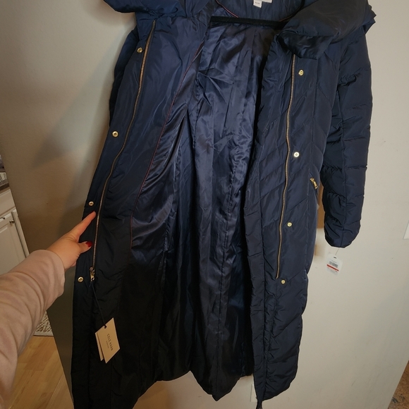 NWT Cole Haan Down Maxi Hooded Chevron Puffer Navy Coat. Women's size XS - Picture 12 of 16